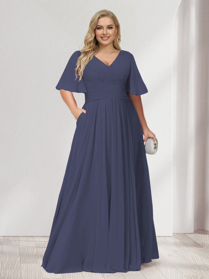 A-Line/Princess V-Neck Half Sleeves Chiffon Plus Size Bridesmaid Dresses with Pockets