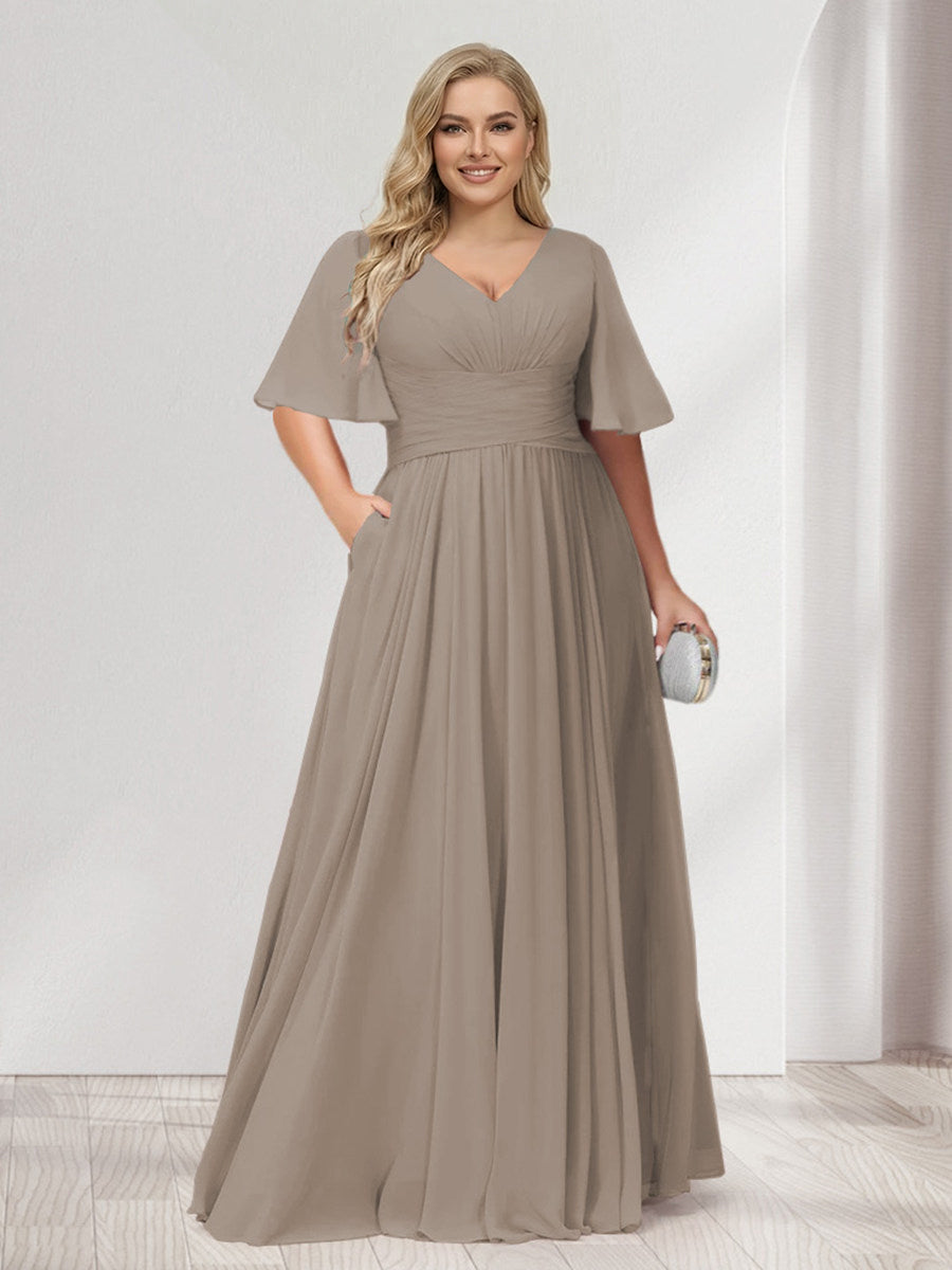 A-Line/Princess V-Neck Half Sleeves Chiffon Plus Size Bridesmaid Dresses with Pockets