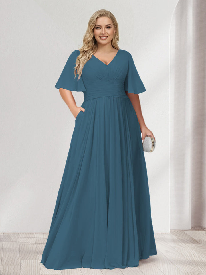 A-Line/Princess V-Neck Half Sleeves Chiffon Plus Size Bridesmaid Dresses with Pockets