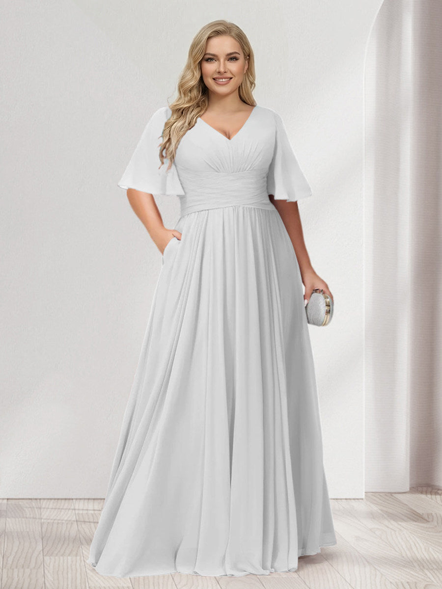 A-Line/Princess V-Neck Half Sleeves Chiffon Plus Size Bridesmaid Dresses with Pockets