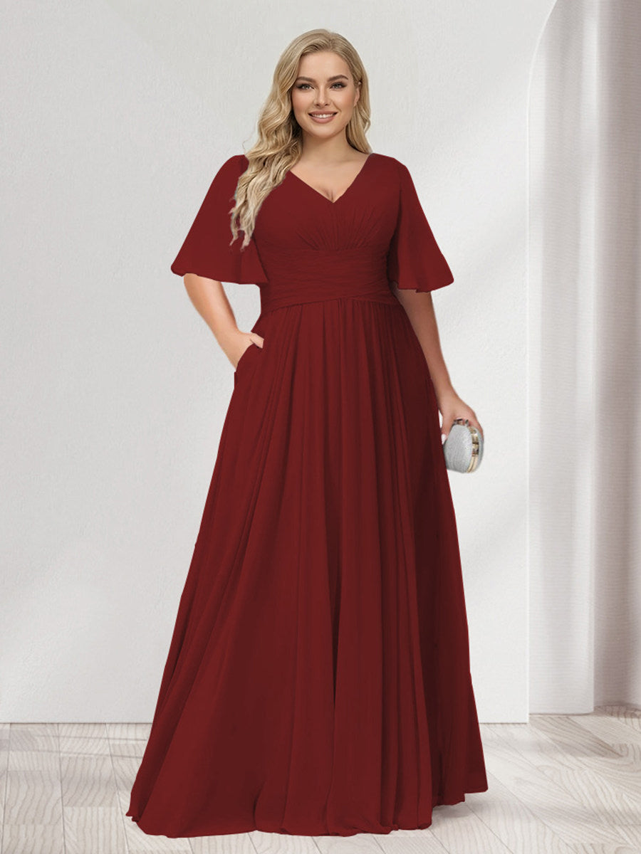 A-Line/Princess V-Neck Half Sleeves Chiffon Plus Size Bridesmaid Dresses with Pockets