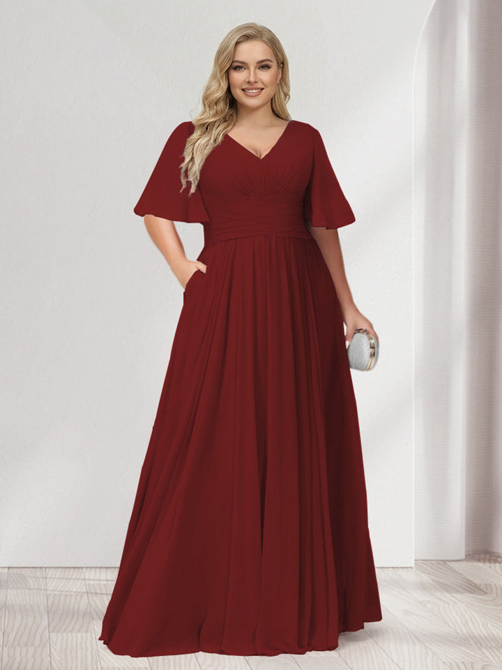 A-Line/Princess V-Neck Half Sleeves Chiffon Plus Size Bridesmaid Dresses with Pockets