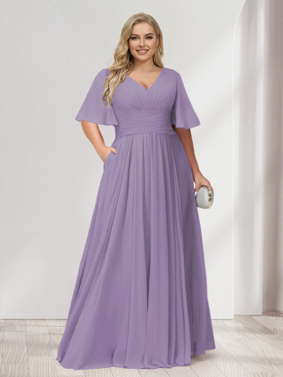 A-Line/Princess V-Neck Half Sleeves Chiffon Plus Size Bridesmaid Dresses with Pockets