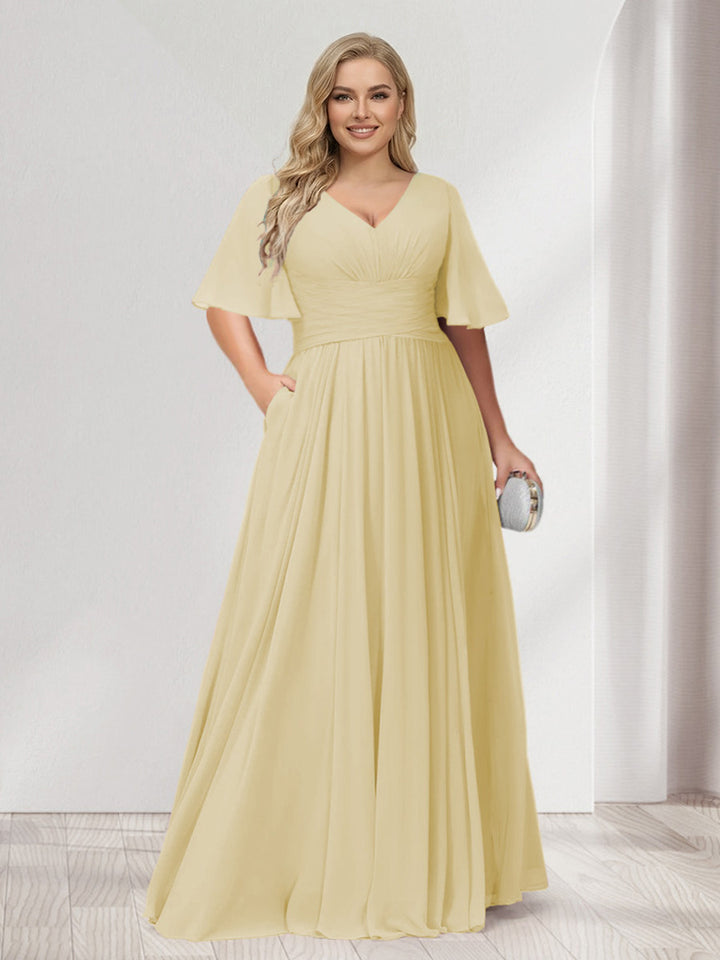 A-Line/Princess V-Neck Half Sleeves Chiffon Plus Size Bridesmaid Dresses with Pockets
