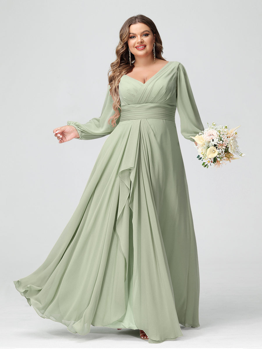 A-Line/Princess V-Neck Long Sleeves Chiffon Ruffles Plus Size Bridesmaid Dresses with Pockets
