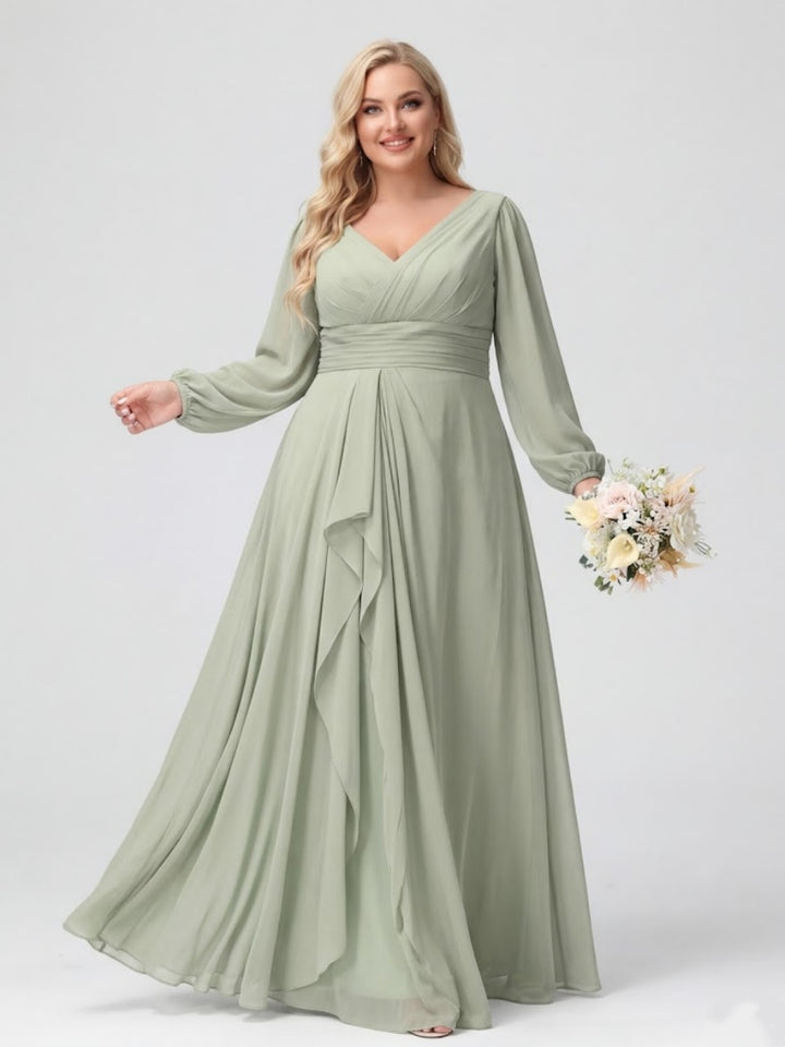 A-Line/Princess V-Neck Long Sleeves Chiffon Ruffles Plus Size Bridesmaid Dresses with Pockets