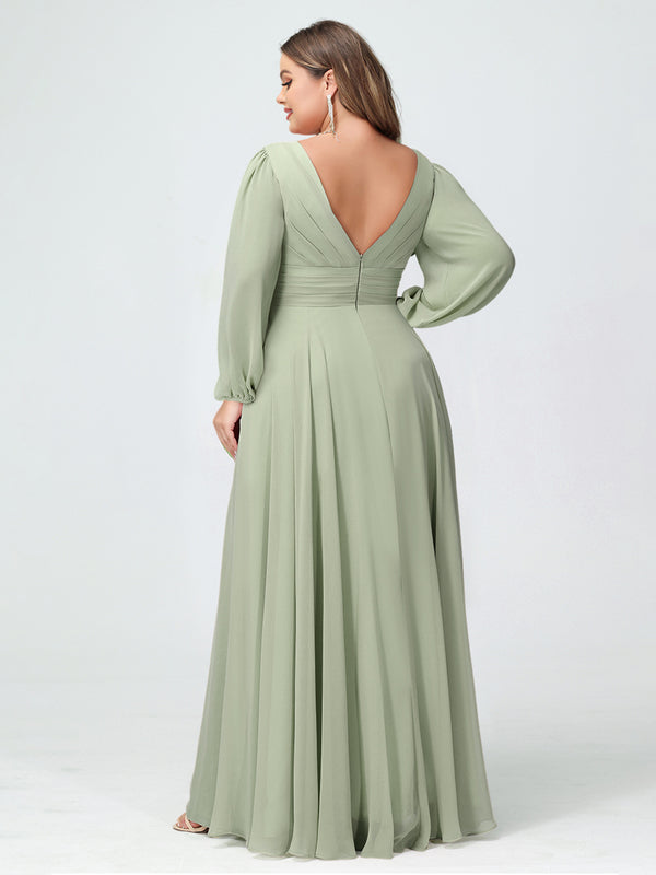A-Line/Princess V-Neck Long Sleeves Chiffon Ruffles Plus Size Bridesmaid Dresses with Pockets