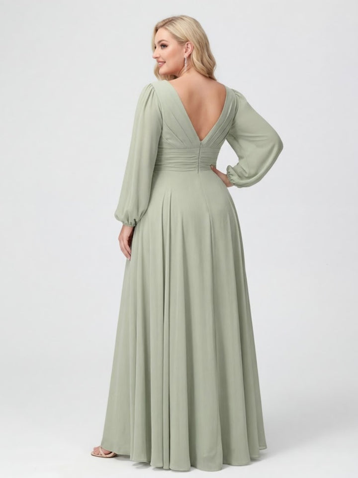 A-Line/Princess V-Neck Long Sleeves Chiffon Ruffles Plus Size Bridesmaid Dresses with Pockets