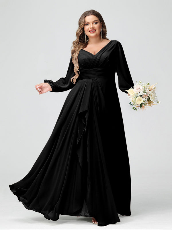 A-Line/Princess V-Neck Long Sleeves Chiffon Ruffles Plus Size Bridesmaid Dresses with Pockets