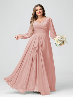 A-Line/Princess V-Neck Long Sleeves Chiffon Ruffles Plus Size Bridesmaid Dresses with Pockets