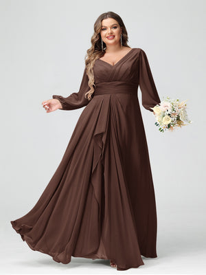 A-Line/Princess V-Neck Long Sleeves Chiffon Ruffles Plus Size Bridesmaid Dresses with Pockets