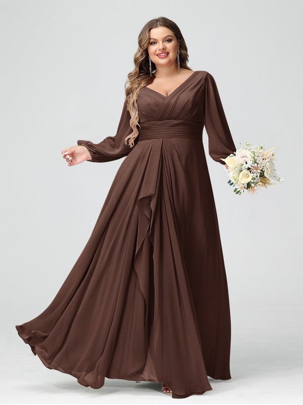 A-Line/Princess V-Neck Long Sleeves Chiffon Ruffles Plus Size Bridesmaid Dresses with Pockets