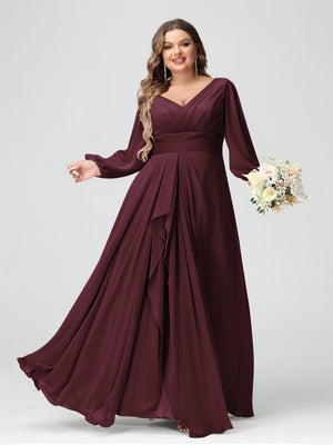 A-Line/Princess V-Neck Long Sleeves Chiffon Ruffles Plus Size Bridesmaid Dresses with Pockets