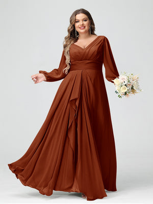 A-Line/Princess V-Neck Long Sleeves Chiffon Ruffles Plus Size Bridesmaid Dresses with Pockets