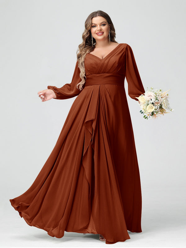A-Line/Princess V-Neck Long Sleeves Chiffon Ruffles Plus Size Bridesmaid Dresses with Pockets