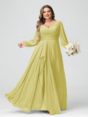 A-Line/Princess V-Neck Long Sleeves Chiffon Ruffles Plus Size Bridesmaid Dresses with Pockets