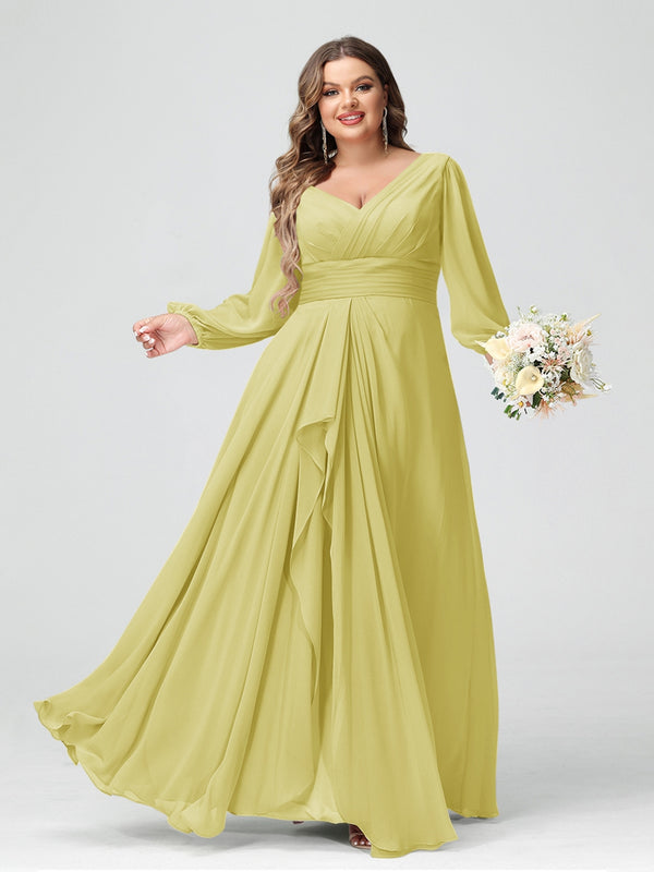 A-Line/Princess V-Neck Long Sleeves Chiffon Ruffles Plus Size Bridesmaid Dresses with Pockets
