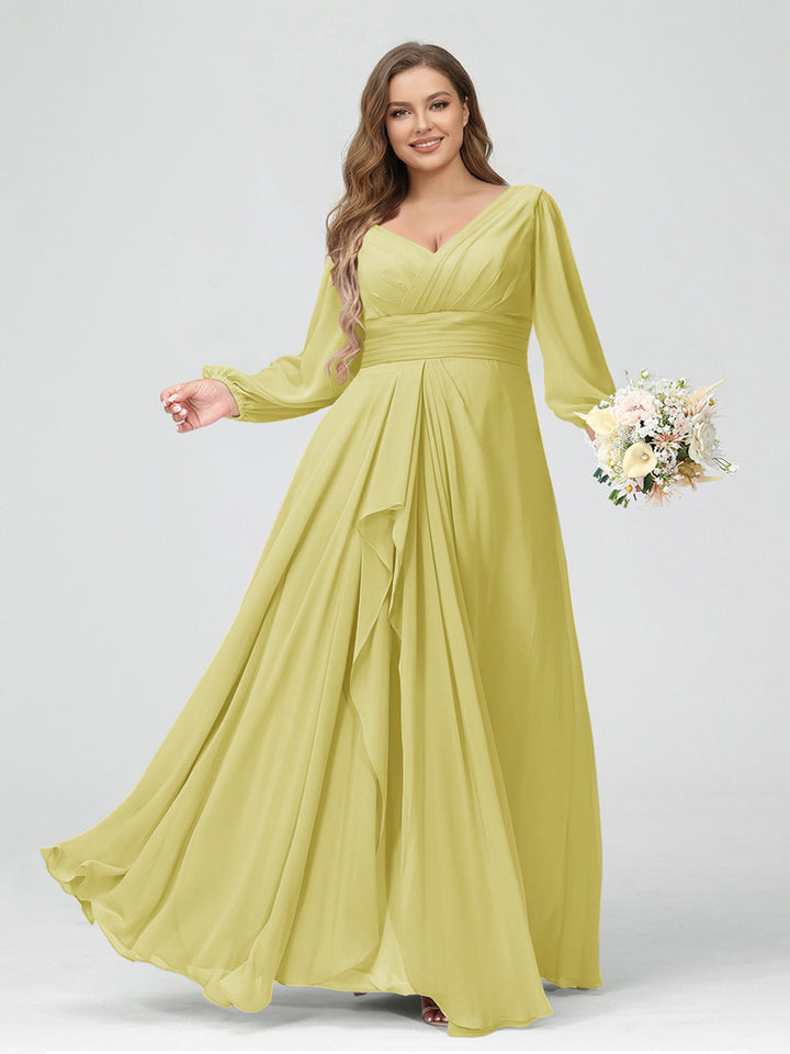 A-Line/Princess V-Neck Long Sleeves Chiffon Ruffles Plus Size Bridesmaid Dresses with Pockets