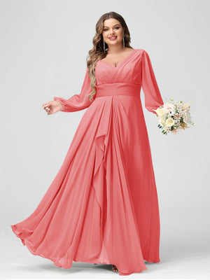 A-Line/Princess V-Neck Long Sleeves Chiffon Ruffles Plus Size Bridesmaid Dresses with Pockets