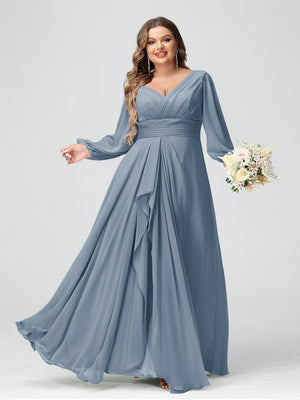 A-Line/Princess V-Neck Long Sleeves Chiffon Ruffles Plus Size Bridesmaid Dresses with Pockets