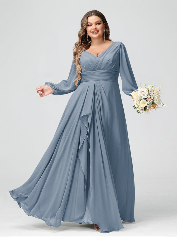 A-Line/Princess V-Neck Long Sleeves Chiffon Ruffles Plus Size Bridesmaid Dresses with Pockets