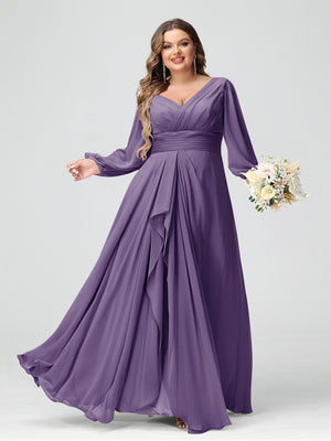 A-Line/Princess V-Neck Long Sleeves Chiffon Ruffles Plus Size Bridesmaid Dresses with Pockets
