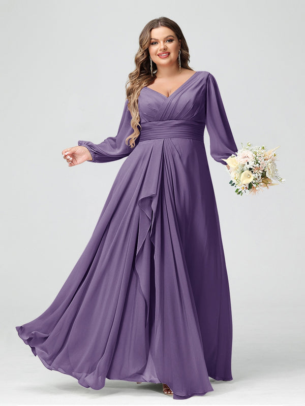 A-Line/Princess V-Neck Long Sleeves Chiffon Ruffles Plus Size Bridesmaid Dresses with Pockets