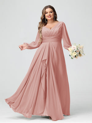 A-Line/Princess V-Neck Long Sleeves Chiffon Ruffles Plus Size Bridesmaid Dresses with Pockets