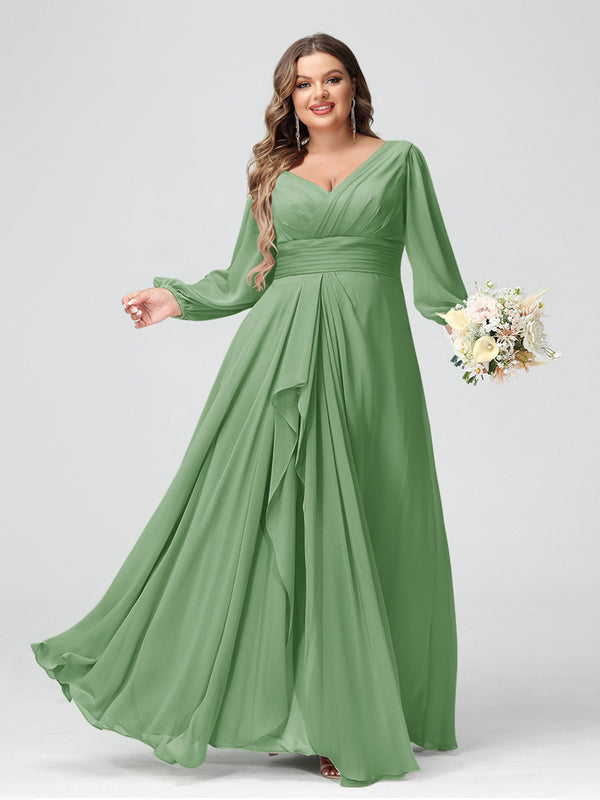 A-Line/Princess V-Neck Long Sleeves Chiffon Ruffles Plus Size Bridesmaid Dresses with Pockets
