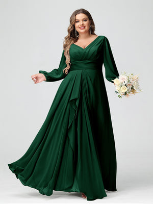 A-Line/Princess V-Neck Long Sleeves Chiffon Ruffles Plus Size Bridesmaid Dresses with Pockets