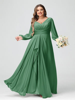 A-Line/Princess V-Neck Long Sleeves Chiffon Ruffles Plus Size Bridesmaid Dresses with Pockets