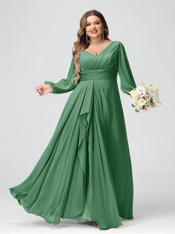 A-Line/Princess V-Neck Long Sleeves Chiffon Ruffles Plus Size Bridesmaid Dresses with Pockets