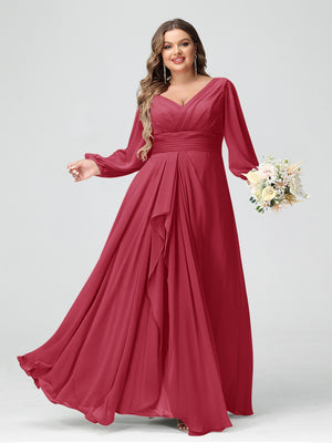 A-Line/Princess V-Neck Long Sleeves Chiffon Ruffles Plus Size Bridesmaid Dresses with Pockets