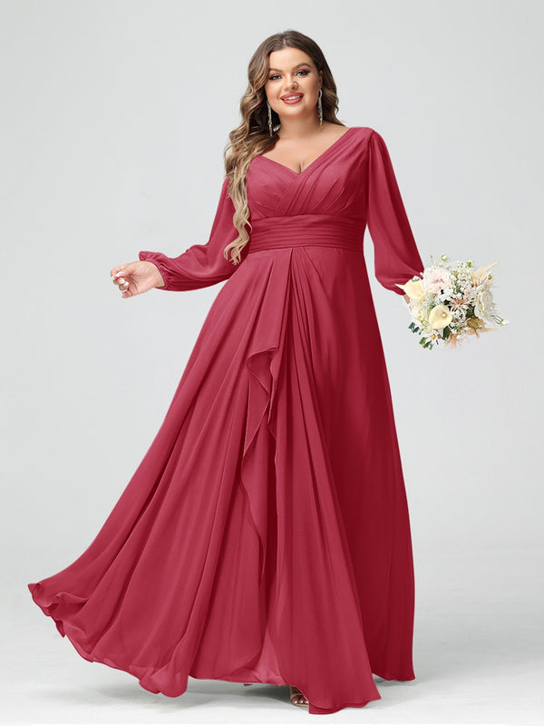 A-Line/Princess V-Neck Long Sleeves Chiffon Ruffles Plus Size Bridesmaid Dresses with Pockets