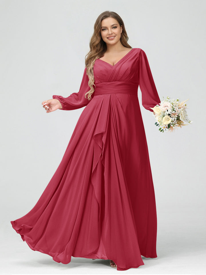 A-Line/Princess V-Neck Long Sleeves Chiffon Ruffles Plus Size Bridesmaid Dresses with Pockets