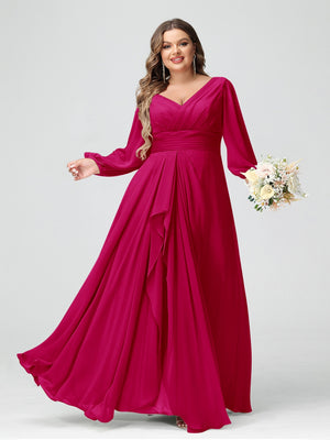 A-Line/Princess V-Neck Long Sleeves Chiffon Ruffles Plus Size Bridesmaid Dresses with Pockets