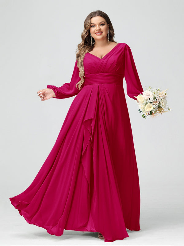 A-Line/Princess V-Neck Long Sleeves Chiffon Ruffles Plus Size Bridesmaid Dresses with Pockets