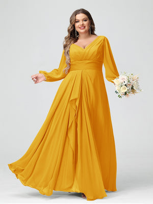 A-Line/Princess V-Neck Long Sleeves Chiffon Ruffles Plus Size Bridesmaid Dresses with Pockets