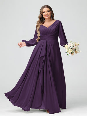 A-Line/Princess V-Neck Long Sleeves Chiffon Ruffles Plus Size Bridesmaid Dresses with Pockets