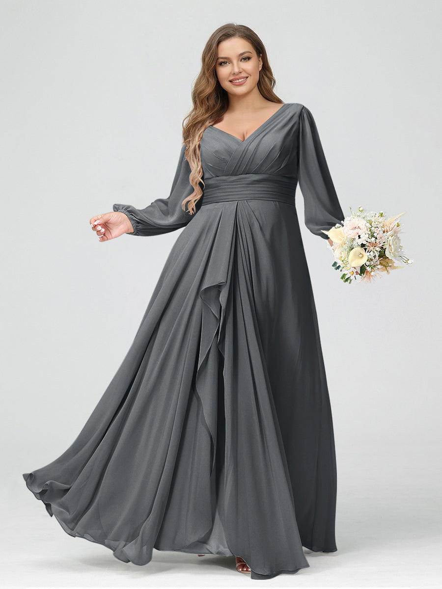 A-Line/Princess V-Neck Long Sleeves Chiffon Ruffles Plus Size Bridesmaid Dresses with Pockets