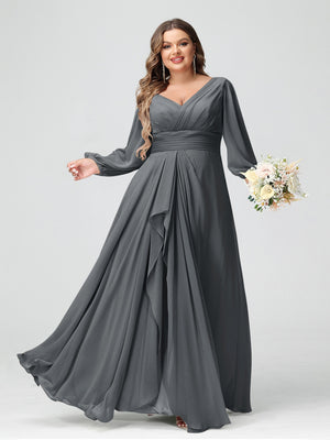 A-Line/Princess V-Neck Long Sleeves Chiffon Ruffles Plus Size Bridesmaid Dresses with Pockets