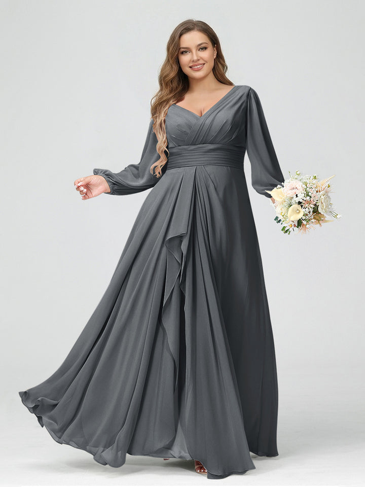 A-Line/Princess V-Neck Long Sleeves Chiffon Ruffles Plus Size Bridesmaid Dresses with Pockets