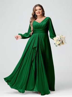 A-Line/Princess V-Neck Long Sleeves Chiffon Ruffles Plus Size Bridesmaid Dresses with Pockets