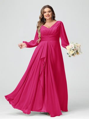 A-Line/Princess V-Neck Long Sleeves Chiffon Ruffles Plus Size Bridesmaid Dresses with Pockets