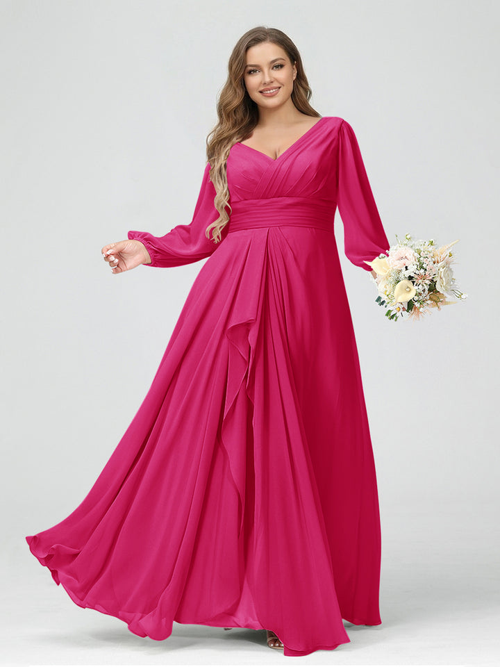 A-Line/Princess V-Neck Long Sleeves Chiffon Ruffles Plus Size Bridesmaid Dresses with Pockets