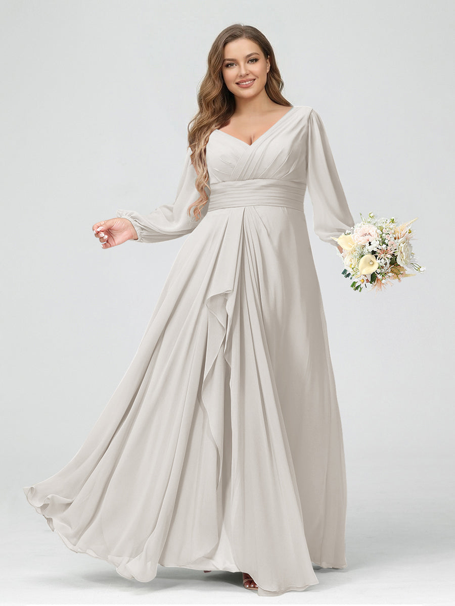 A-Line/Princess V-Neck Long Sleeves Chiffon Ruffles Plus Size Bridesmaid Dresses with Pockets