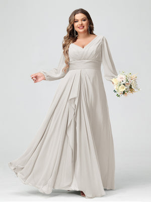 A-Line/Princess V-Neck Long Sleeves Chiffon Ruffles Plus Size Bridesmaid Dresses with Pockets