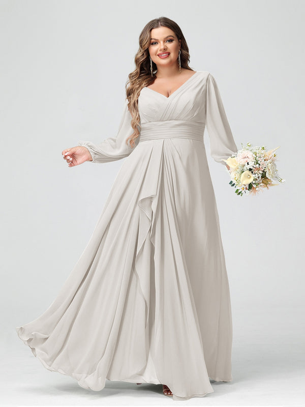 A-Line/Princess V-Neck Long Sleeves Chiffon Ruffles Plus Size Bridesmaid Dresses with Pockets