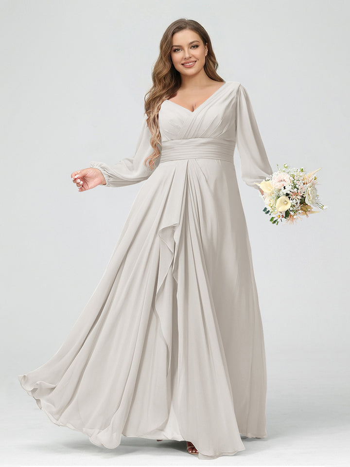 A-Line/Princess V-Neck Long Sleeves Chiffon Ruffles Plus Size Bridesmaid Dresses with Pockets