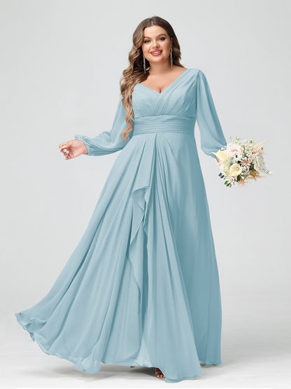 A-Line/Princess V-Neck Long Sleeves Chiffon Ruffles Plus Size Bridesmaid Dresses with Pockets